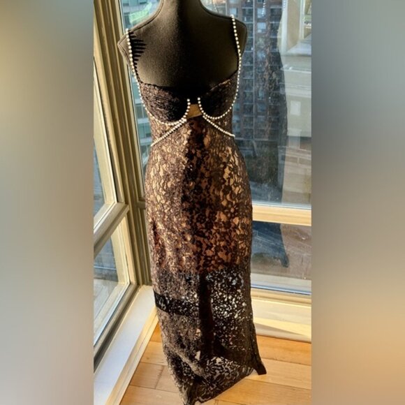 🆕 SELF-PORTRAIT 🧿 NWOT Crystal Trimmed Black Fine Lace Maxi Dress, Sz US4 UK8 - Picture 11 of 15